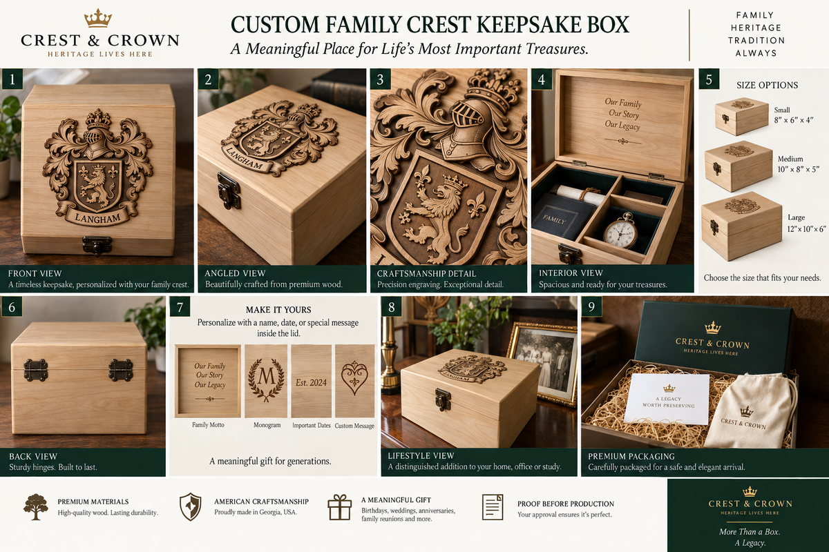 Crest & Crown personalized keepsake box guide showing Natural wood finish, engraving detail, interior, size options, personalization, lifestyle use and packaging