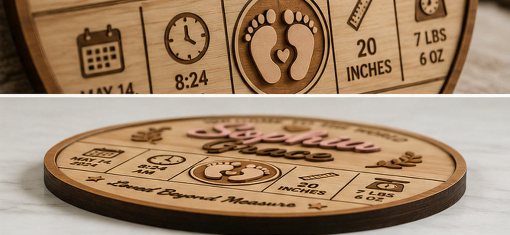 Angled side view showing dimensional layered construction of baby keepsake sign