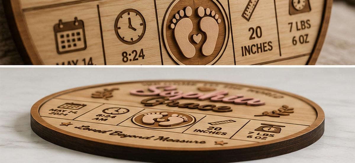 Angled side view showing dimensional layered construction of baby keepsake sign