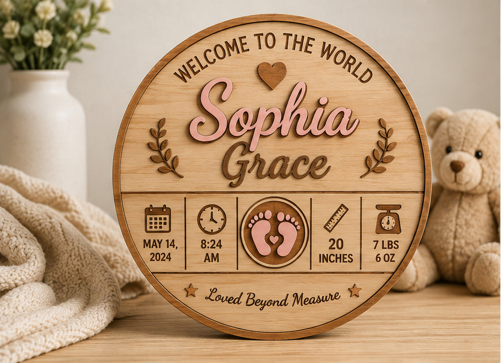 Personalized layered wood baby birth announcement keepsake sign hero view