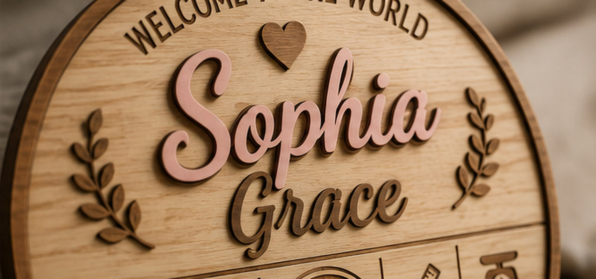 Close-up of layered personalized baby name and engraved wood detail