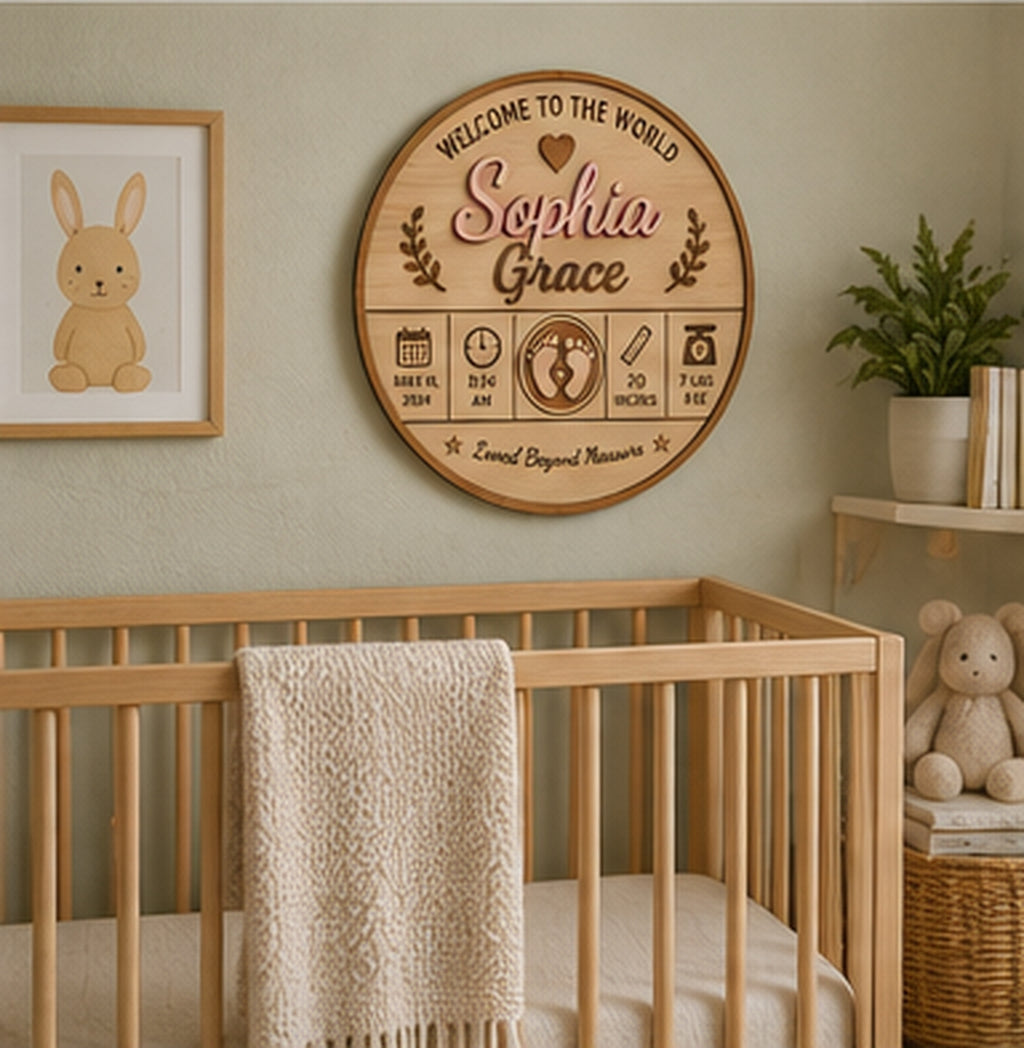 Personalized wooden baby birth announcement displayed in a nursery