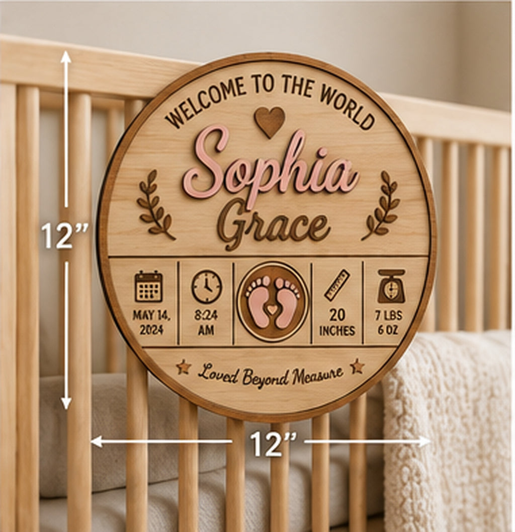 Twelve inch personalized baby birth announcement sign shown for scale in a nursery
