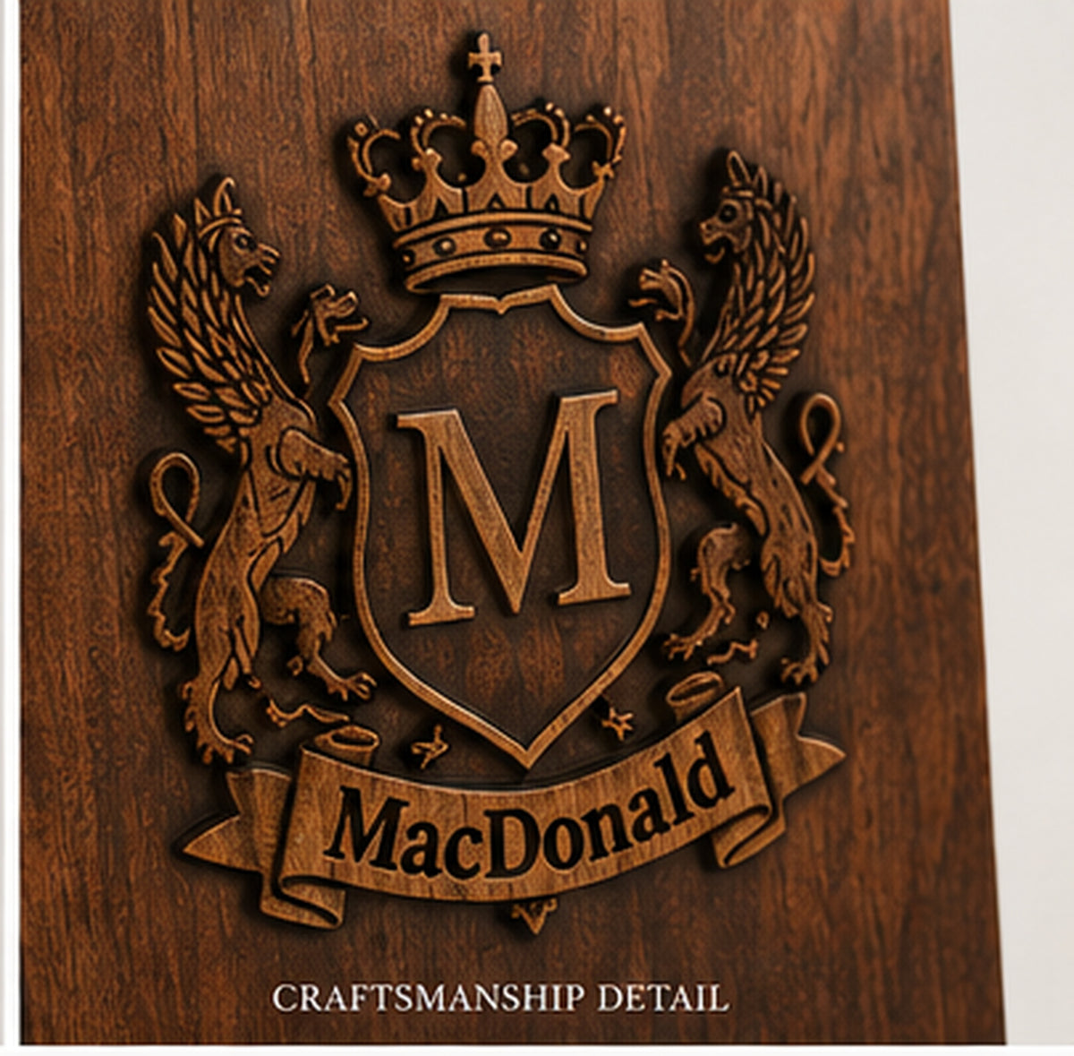 Close-up craftsmanship view of dimensional family crest engraving showing layered heraldic detail and wood grain