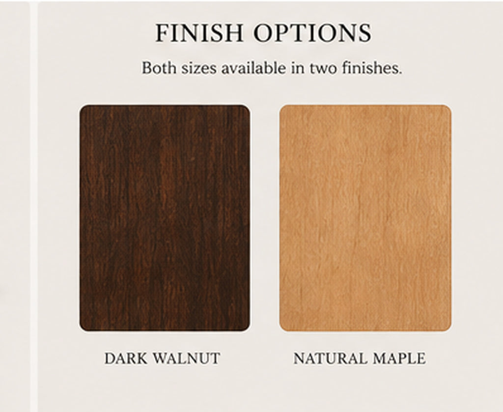 Family crest bookends finish comparison showing dark walnut and natural wood finish directions
