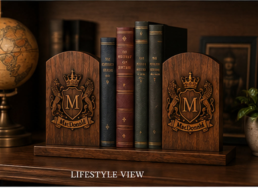 Family crest bookends displayed with books in a refined library setting to show scale and finished presentation