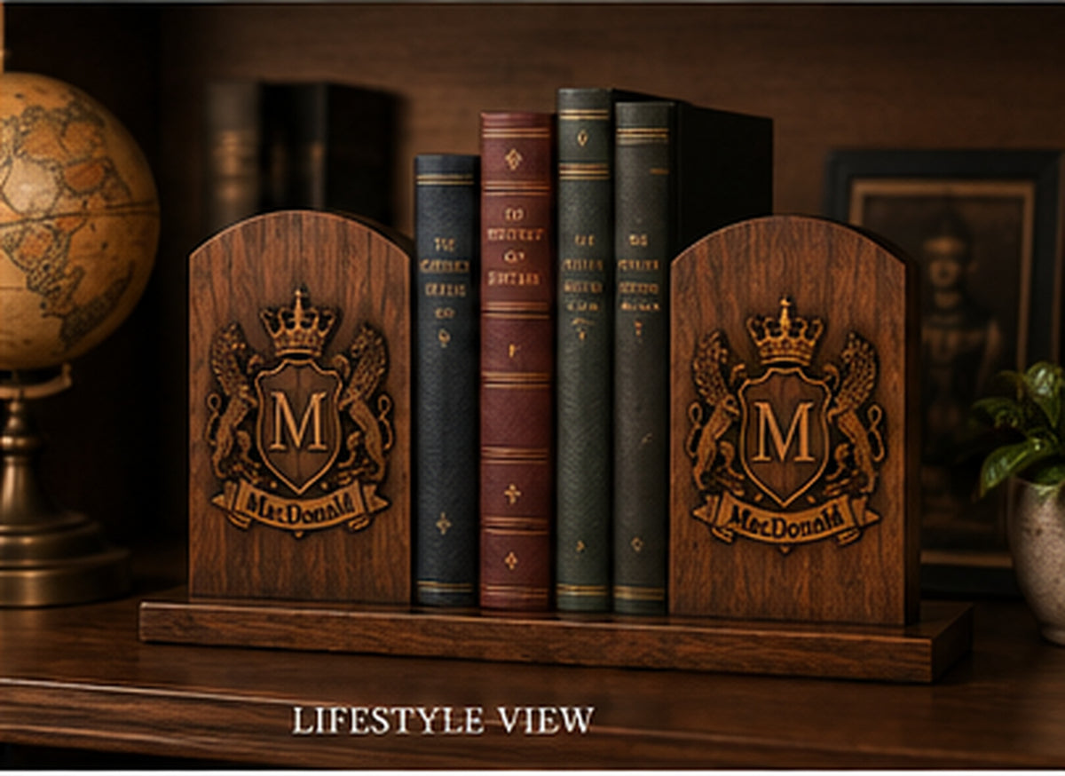 Family crest bookends displayed with books in a refined library setting to show scale and finished presentation