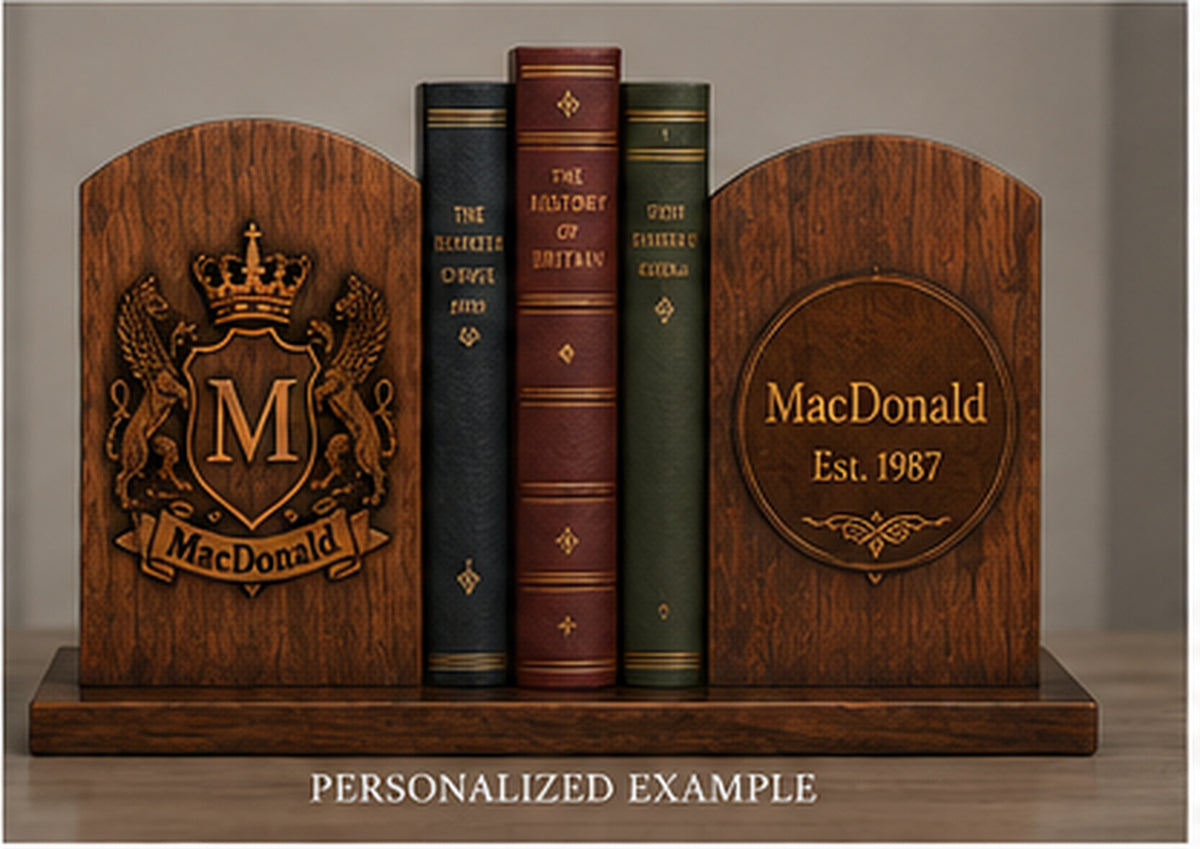 Personalized family crest bookends example showing crest on one side and surname with established year on the other