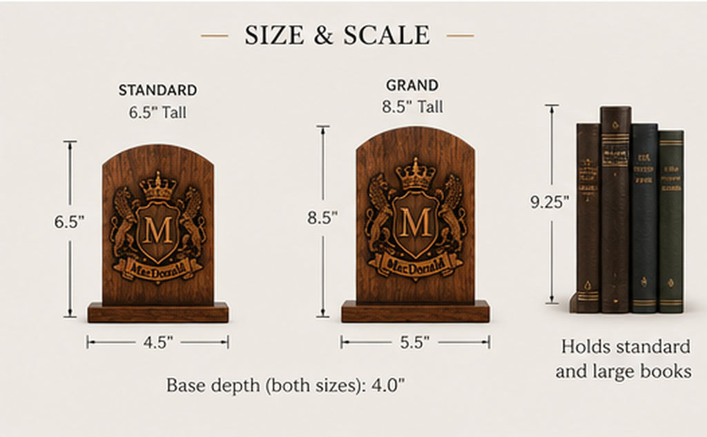 Family crest bookends size comparison showing Standard and Grand proportions and how the bookends display with books