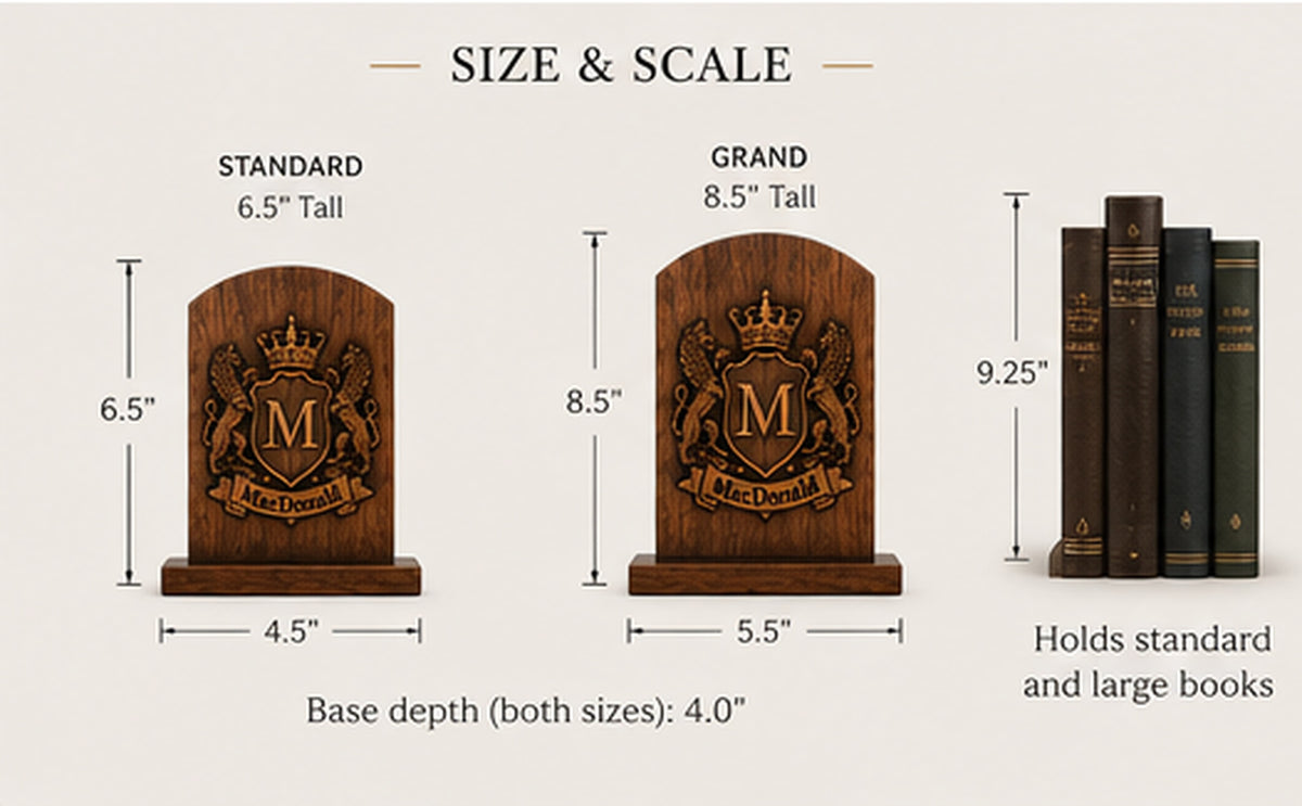 Family crest bookends size comparison showing Standard and Grand proportions and how the bookends display with books