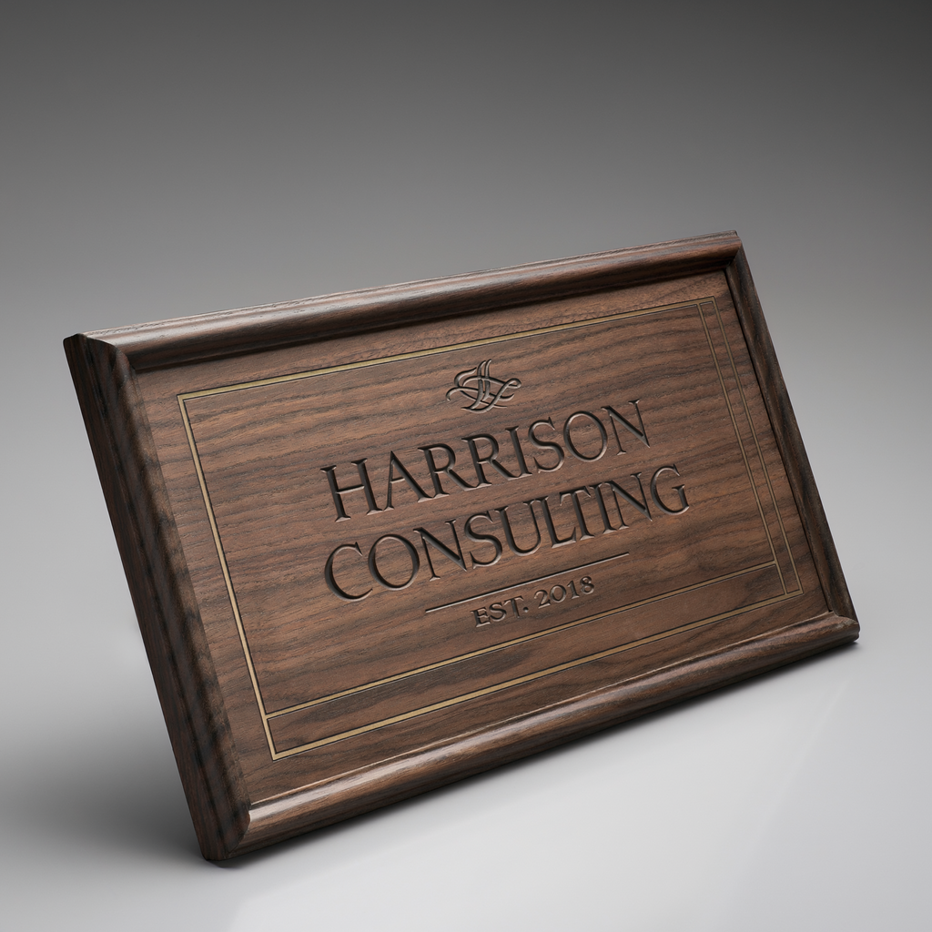 Harrison Consulting dark walnut office sign angled view showing thickness and beveled edge