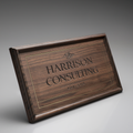 Harrison Consulting dark walnut office sign angled view showing thickness and beveled edge
