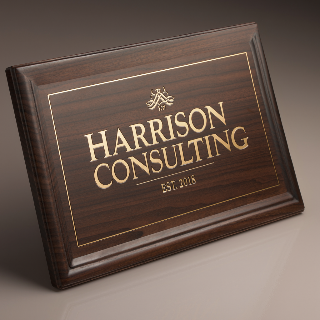 Harrison Consulting walnut office sign close-up showing engraving and wood grain