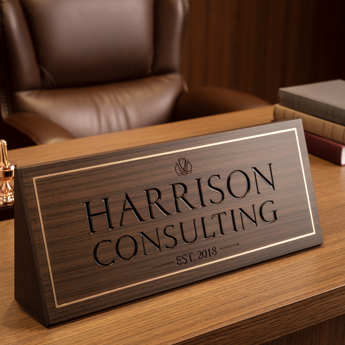 Harrison Consulting personalized dark walnut office sign in an executive office
