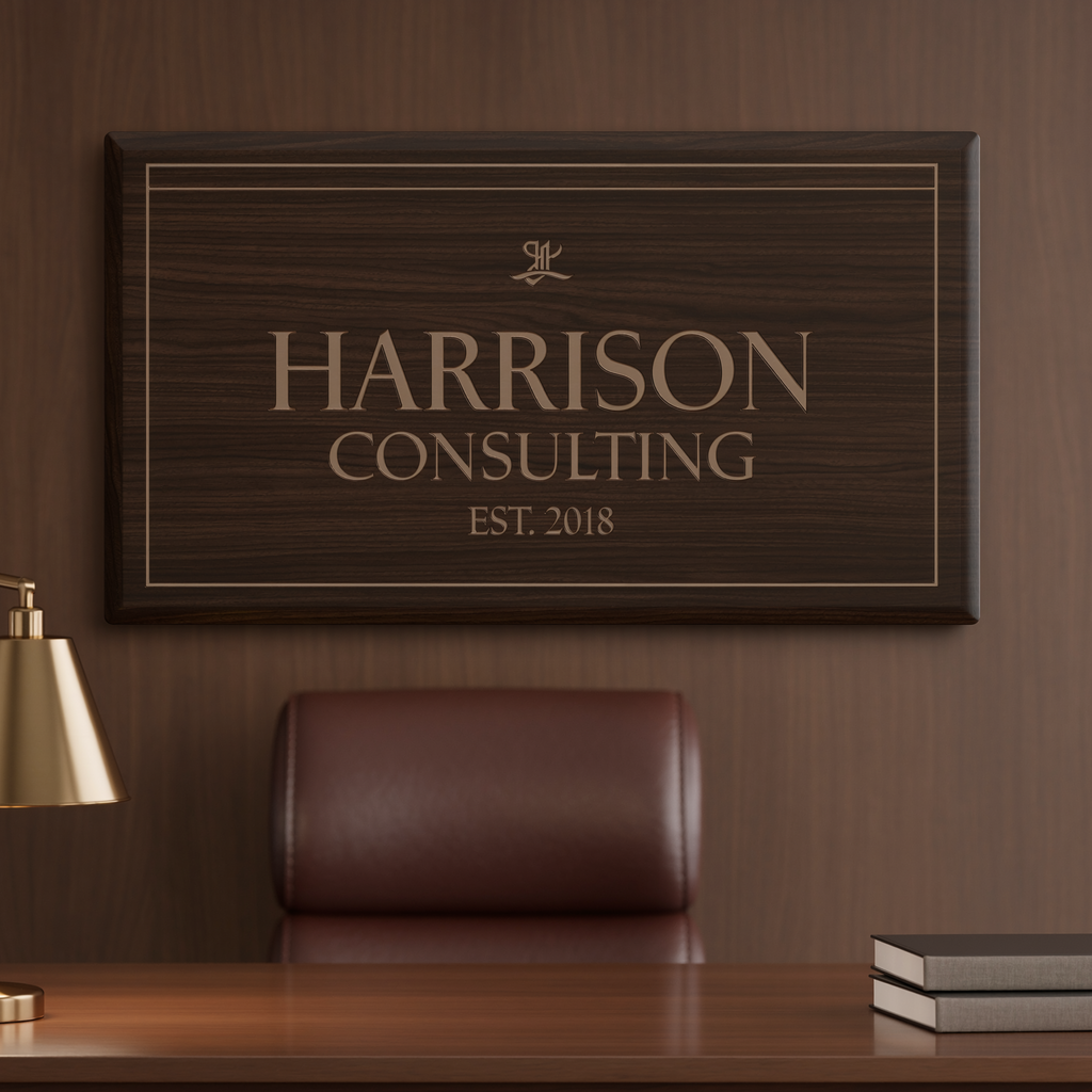 Harrison Consulting personalized walnut office sign shown at realistic wall scale