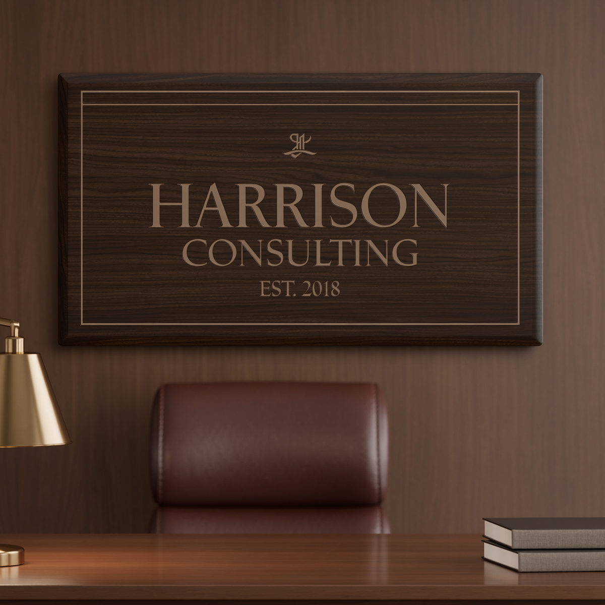Harrison Consulting personalized walnut office sign shown at realistic wall scale