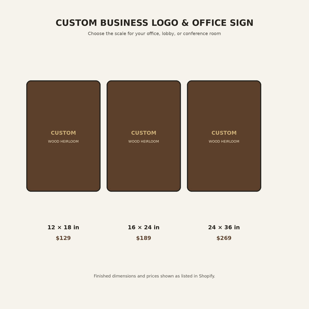 Custom business logo office sign size guide showing 12 by 18, 16 by 24, and 24 by 36 inch options