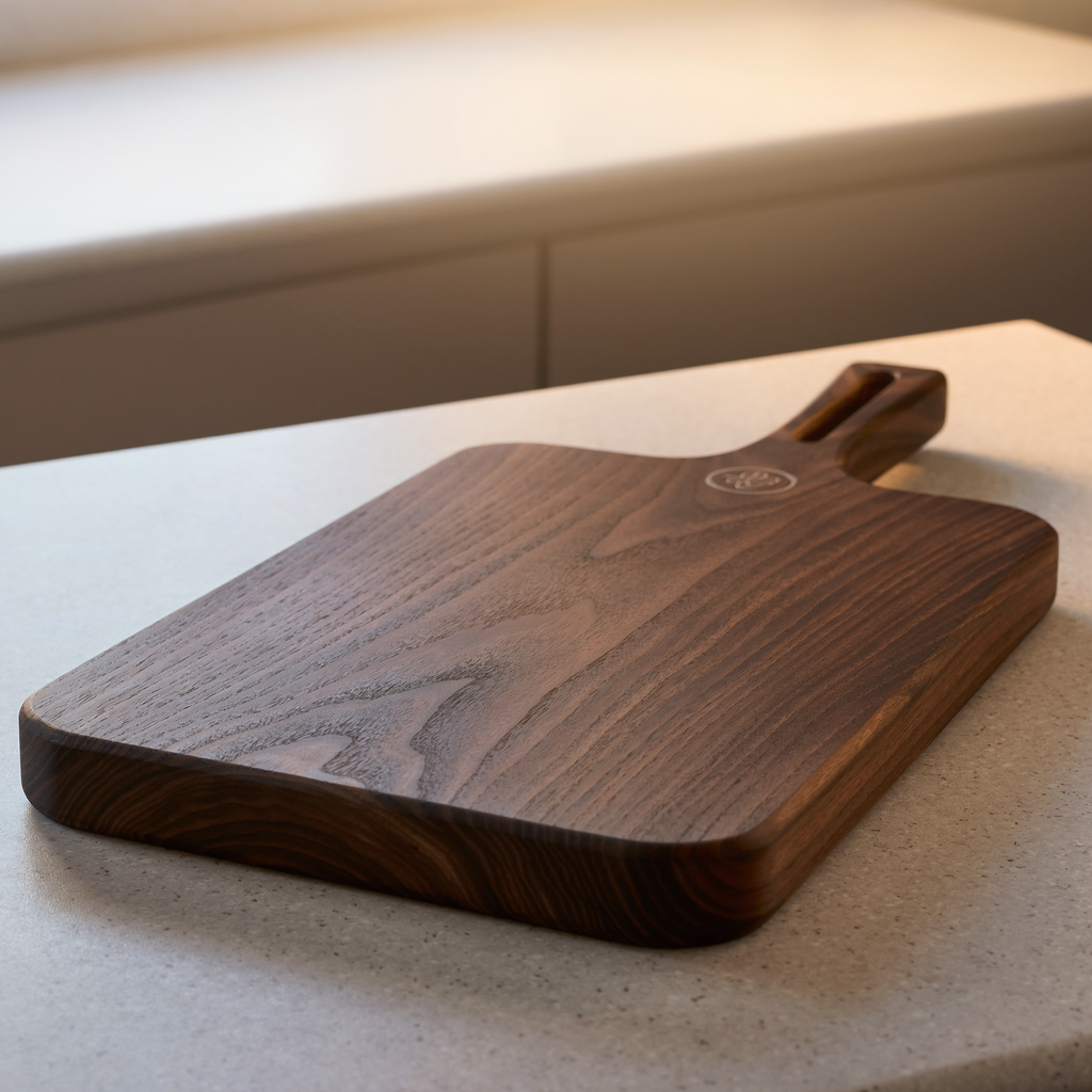 Dark walnut charcuterie serving board angled view showing hardwood thickness and rounded edges
