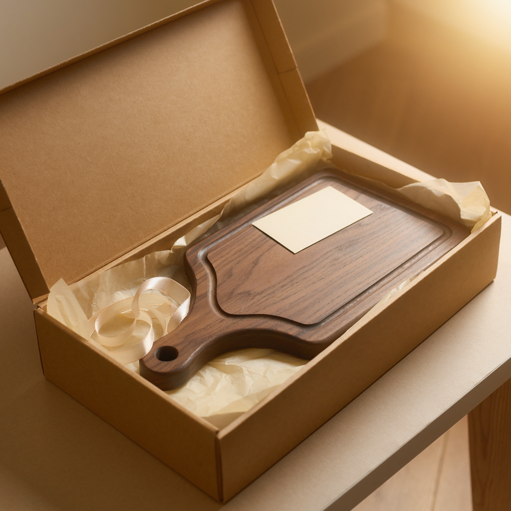 Dark walnut charcuterie serving board in fitted premium gift packaging