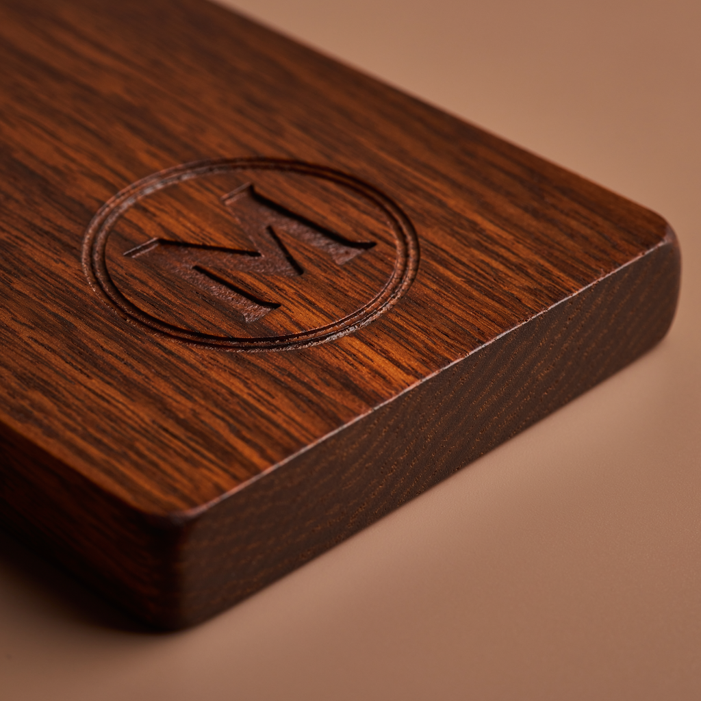 Close-up of dark walnut M monogram coaster showing engraving depth, grain and rounded corner detail