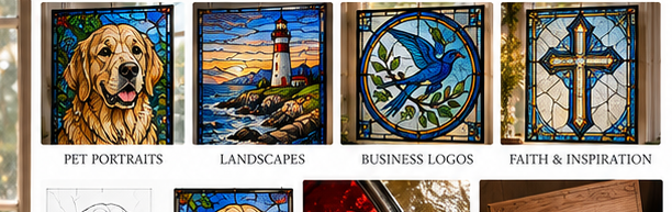 Examples of pet, landscape, business logo, faith, and custom stained glass artwork