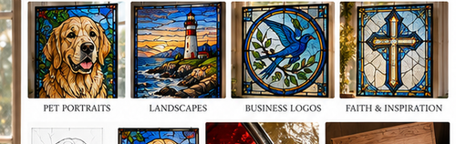 Examples of pet, landscape, business logo, faith, and custom stained glass artwork