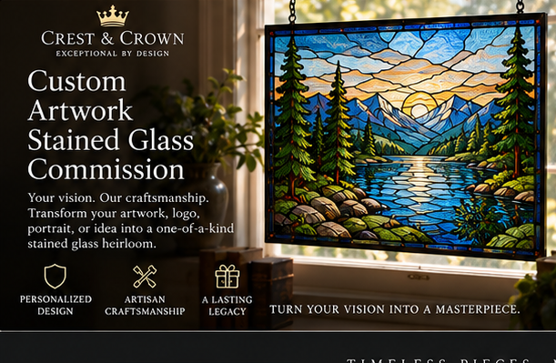 Custom artwork stained glass commission displayed in natural light