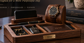 Personalized dark walnut executive valet and watch dock with phone, watch, wallet and accessories