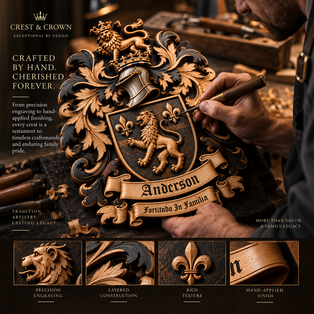 Hand-finishing craftsmanship on a dimensional layered Crest & Crown family crest