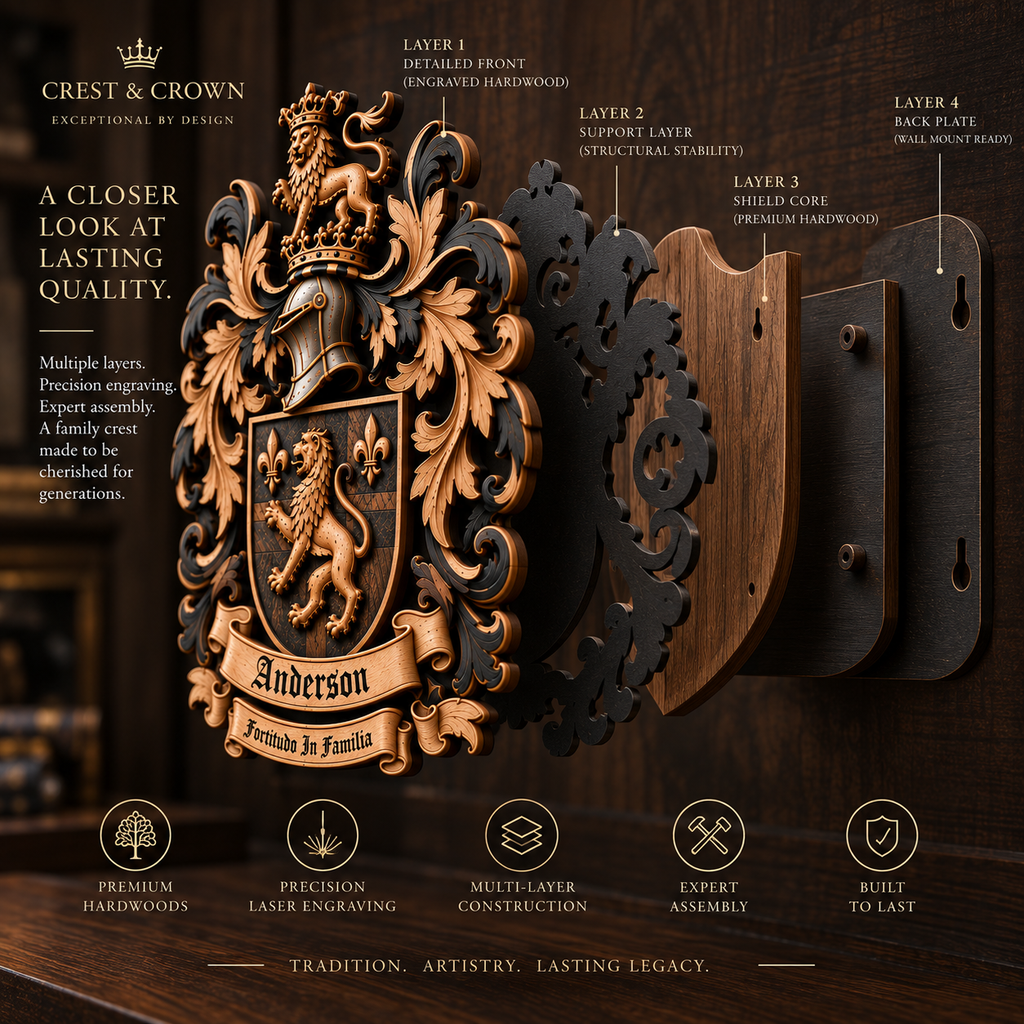 Exploded view illustrating the multi-layer construction of a Crest & Crown dimensional family crest