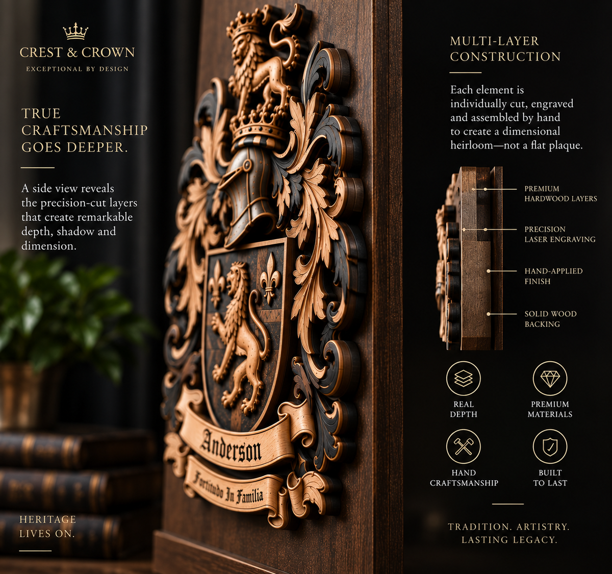 Dimensional layered family crest shown from an angled perspective to highlight physical relief