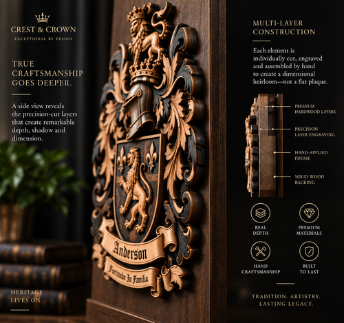 Dimensional layered family crest shown from an angled perspective to highlight physical relief