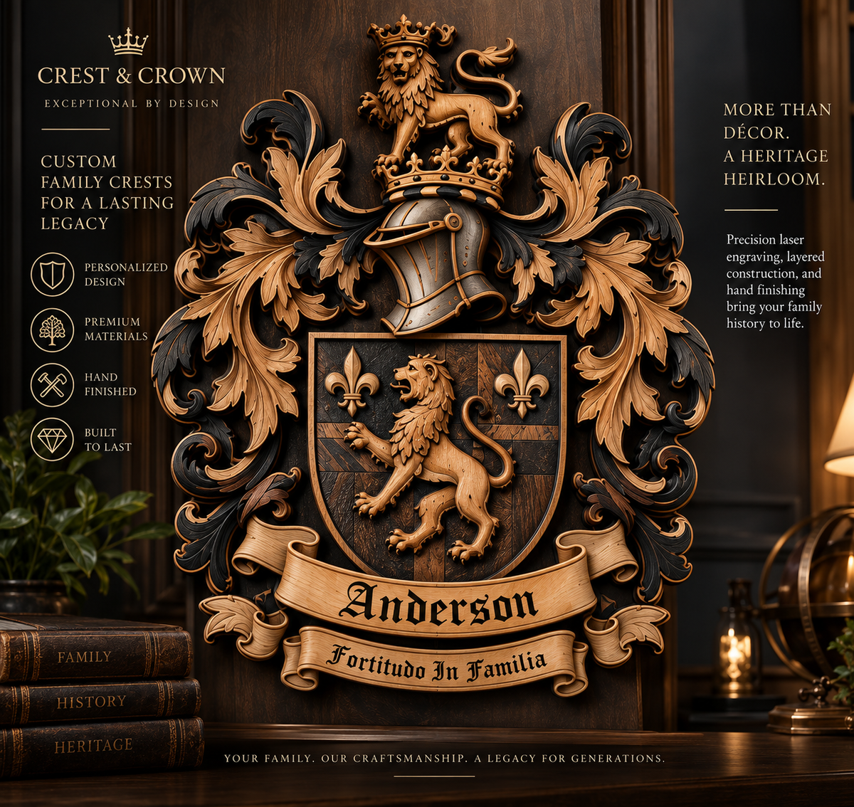 Crest & Crown dimensional layered family crest, premium front hero view