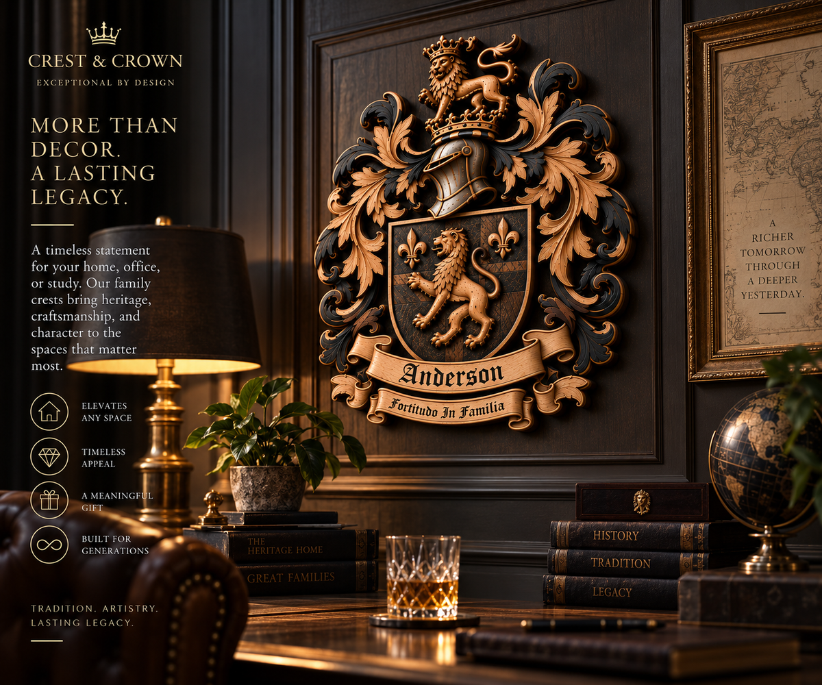 Dimensional family crest displayed as a premium heirloom in an elegant home study