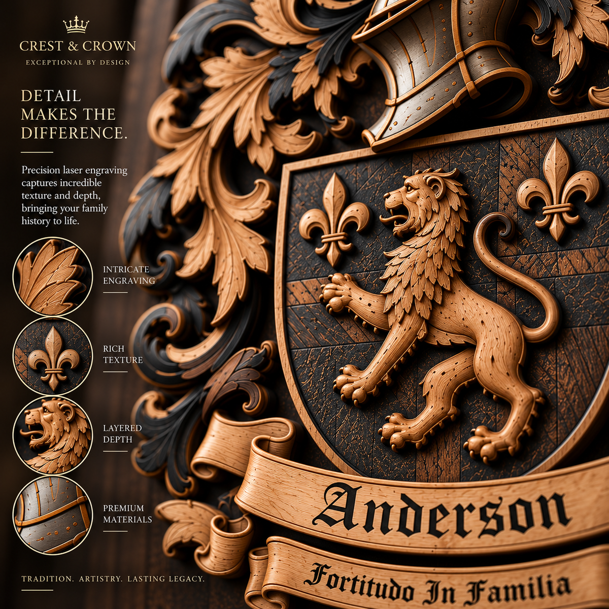 Close-up of precision laser engraving, layered wood relief, texture and hand-finished crest details