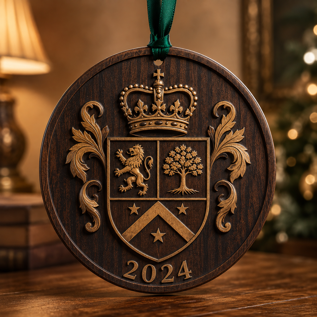 Personalized heraldic family crest wood ornament