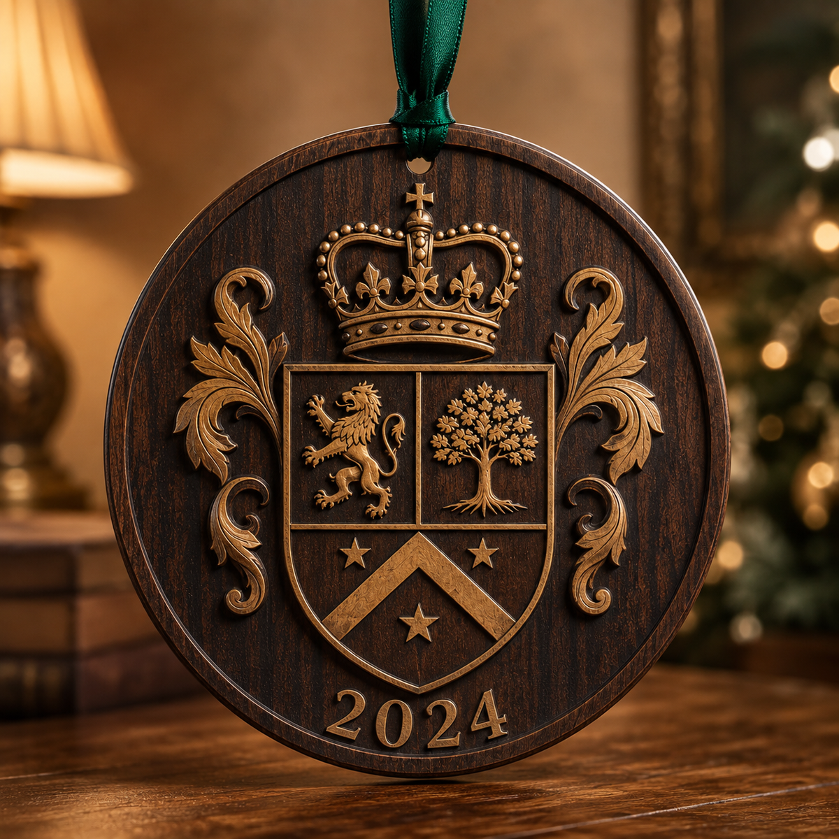 Personalized heraldic family crest wood ornament