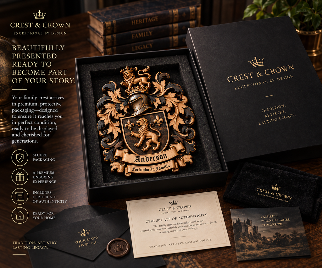 Crest & Crown family crest presented in premium protective heirloom packaging