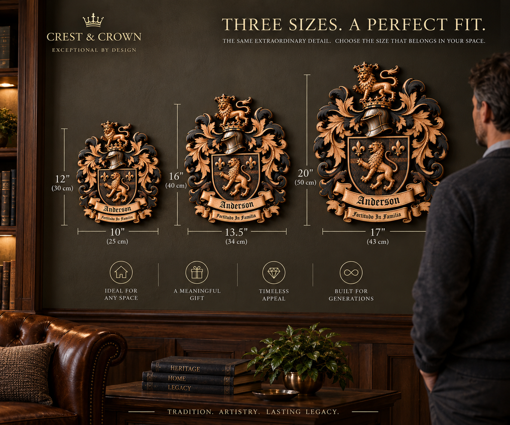 Crest & Crown family crest size comparison showing standard 12, 16 and 20 inch options
