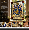 Custom family crest stained glass heirloom displayed in a sunlit window