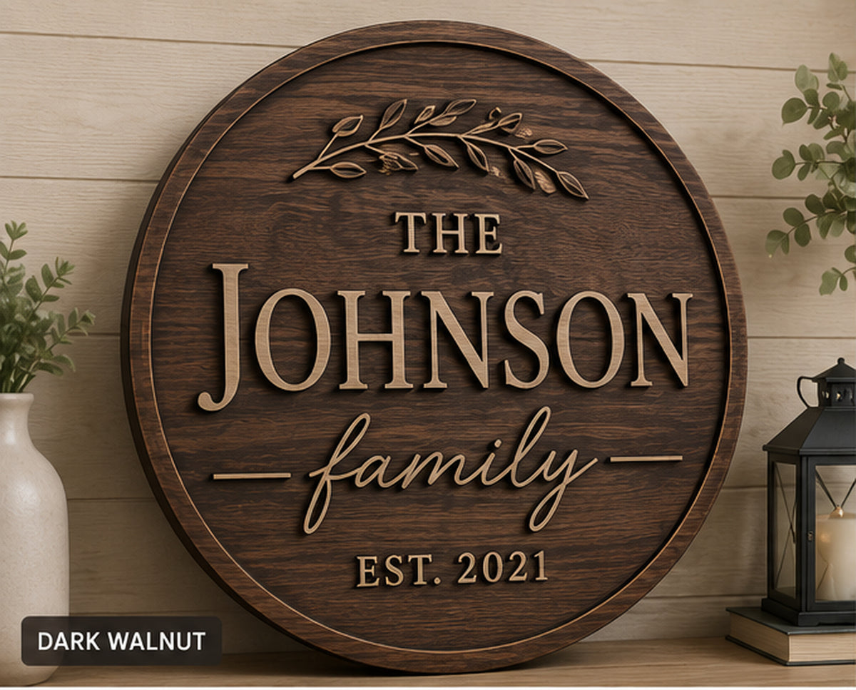 Personalized family name and established sign in dark walnut finish