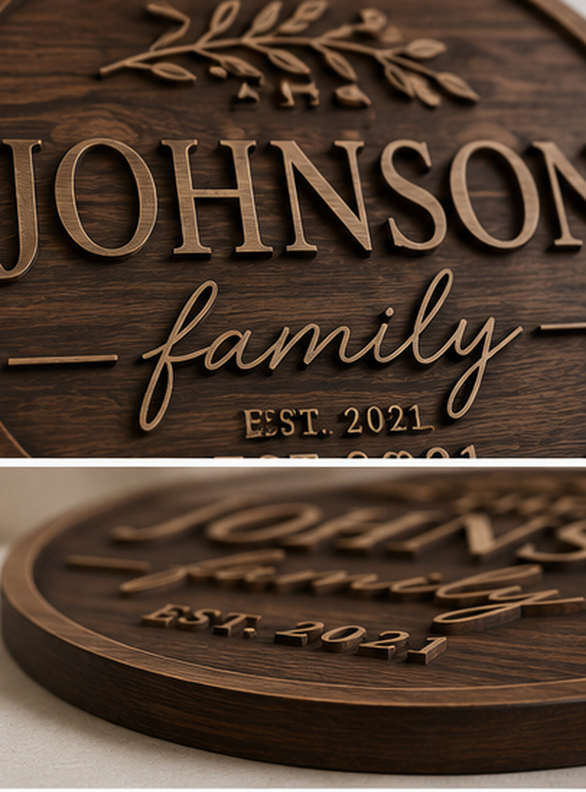 Close-up of layered lettering and engraved detail on personalized family name sign