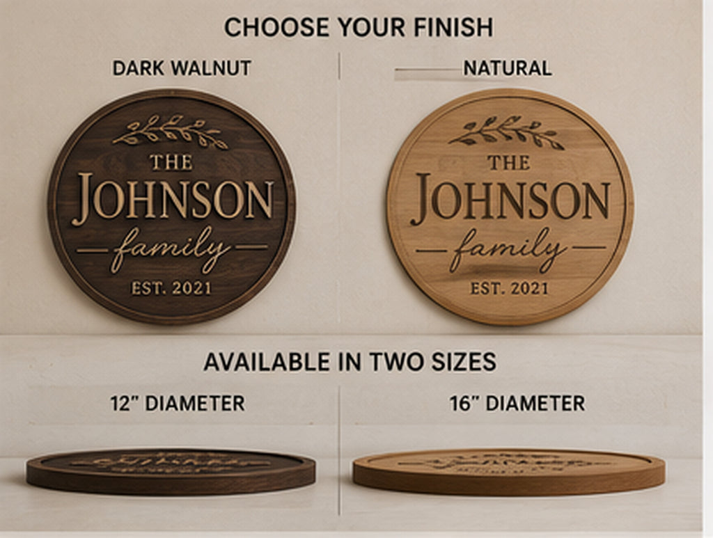 Dark walnut and natural wood finish comparison for personalized family name sign