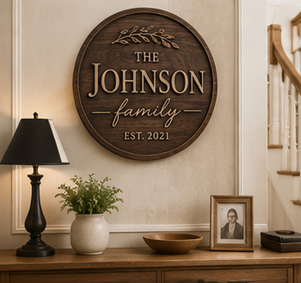 Personalized family name sign displayed in a refined home interior