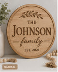 Personalized family name and established sign in natural wood finish