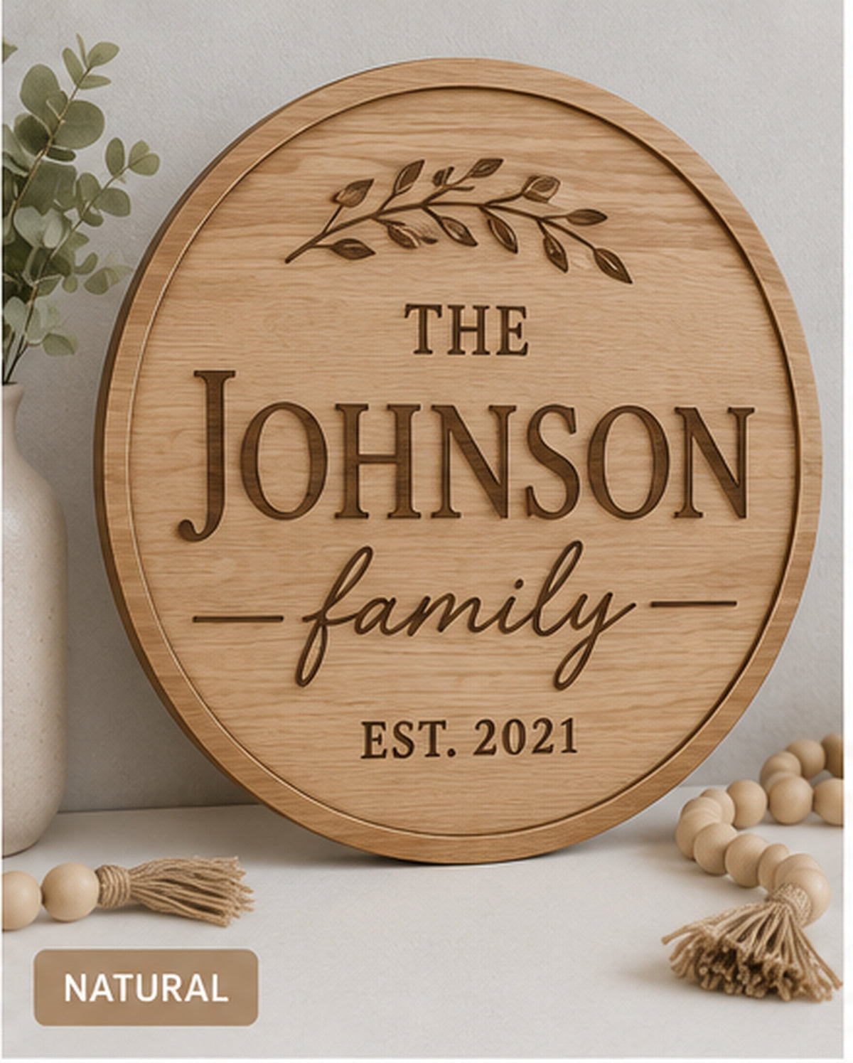 Personalized family name and established sign in natural wood finish