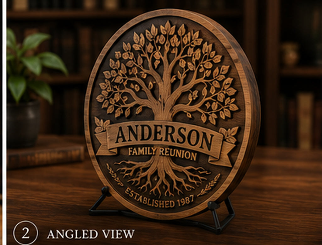 Angled view of round layered wood Family Reunion Heritage Plaque showing dimensional relief