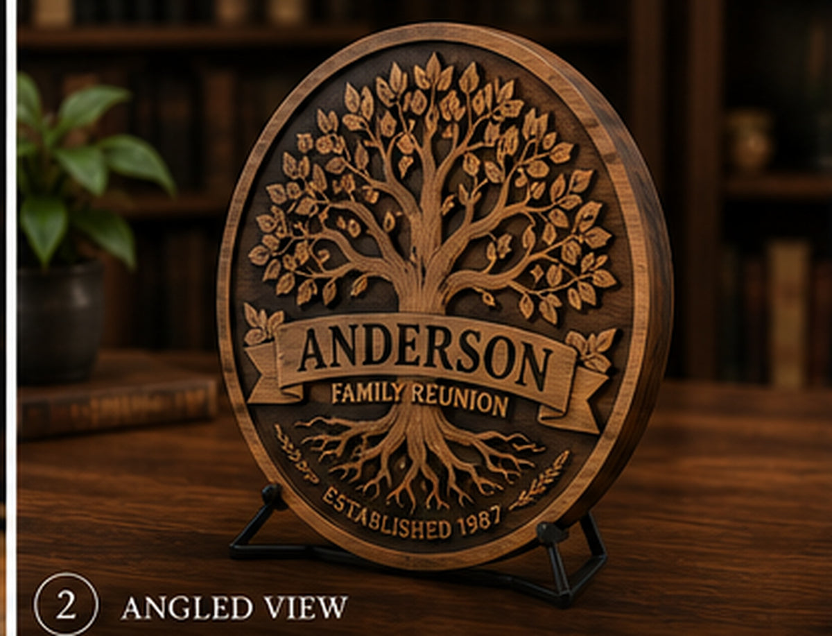 Angled view of round layered wood Family Reunion Heritage Plaque showing dimensional relief