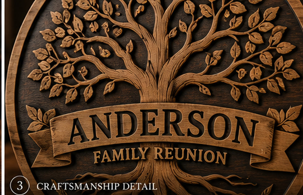 Close-up craftsmanship and layered relief detail on personalized round family reunion plaque