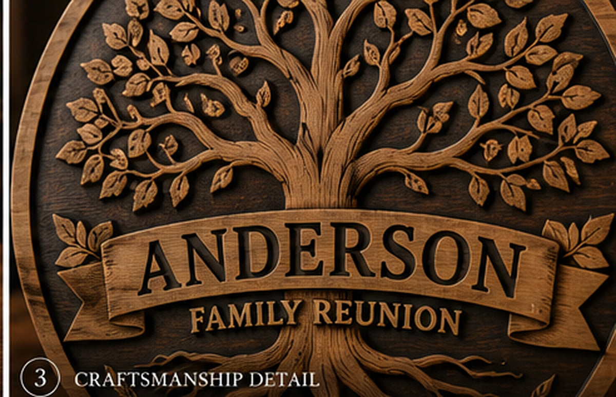 Close-up craftsmanship and layered relief detail on personalized round family reunion plaque